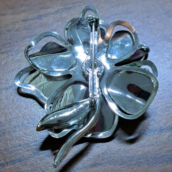 Silvertone Large 3" Layered Flower Brooch Aurora Borealis stone in center READ - Picture 3 of 5